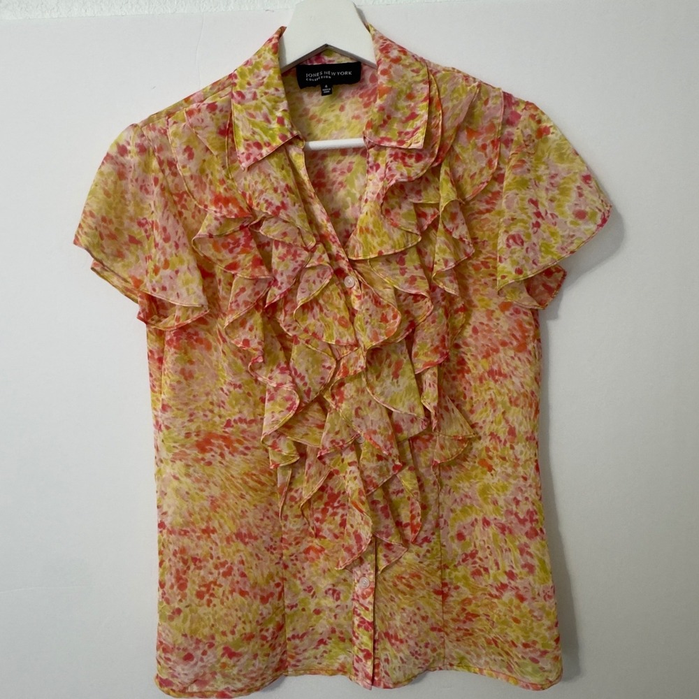 Jones New York Blouse 4 Pink Orange‎ Yellow Ruffle Front Floral Cottagecore